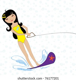 Vector Illustration Of Funny Kiddie Style Design Summer Background With Attractive Girl Water Skiing