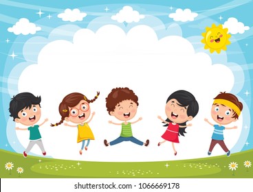 Vector Illustration Of Funny Kids Playing Outside