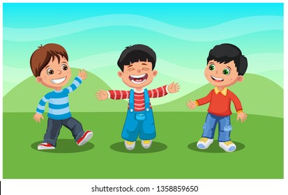 Vector Illustration Of Funny Kids Playing Outside 
