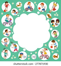Vector illustration. Funny kids playing. Background Illustration with place for text. 