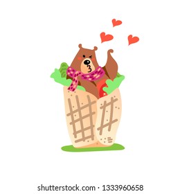 Vector illustration, funny kissing brown bear in the spring roll with tomato and green salad. Flat cartoon style. Applicable for love and food concepts.