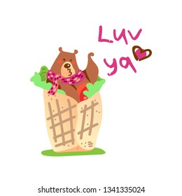 Vector illustration, funny kissing brown bear in the spring roll with tomato and green salad. Flat cartoon style. Applicable for love and food concepts.
