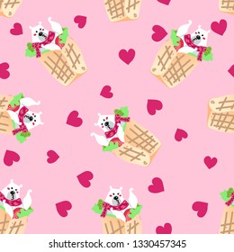 Vector illustration, funny kissing polar bear in the spring roll pattern. Line cartoon style, seamless, pink background with hearts. Applicable for arctic food concepts.
