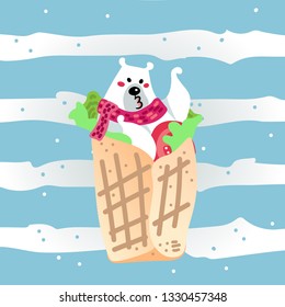 Vector illustration, funny kissing polar bear in the spring roll with tomato and green salad. Flat cartoon style. Applicable for arctic food concepts.
