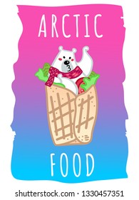 Vector illustration, funny kissing polar bear in the spring roll with tomato and green salad. Line cartoon style, with text and neon gradient background. Applicable for arctic food concepts.