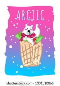 Vector illustration, funny kissing polar bear in the spring roll with tomato and green salad. Line cartoon style, with text, falling snow, neon gradient background. Applicable for arctic concepts.