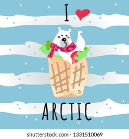 Vector illustration, funny kissing polar bear in the spring roll with tomato and green salad. Flat cartoon style, with text "I love Arctic" concept. Applicable for arctic food concepts.