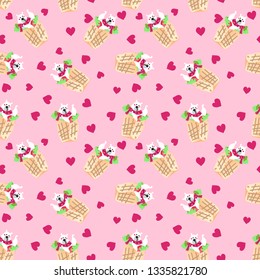 Vector illustration, funny kissing polar bear in the spring roll pattern. Line cartoon style, seamless, pink background with hearts. Applicable for arctic food concepts.