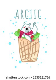 Vector illustration, funny kissing polar bear in the spring roll with tomato and green salad. Line cartoon style, with text, falling snow. Applicable for arctic concepts.