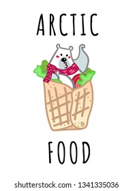 Vector illustration, funny kissing polar bear in the spring roll with tomato and green salad. Line cartoon style, with text. Applicable for arctic food concepts.