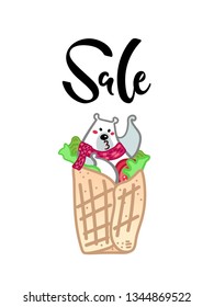 Vector illustration, funny kissing polar bear in the spring roll with tomato and green salad. Line cartoon style, with "sale" text. Applicable for arctic food concepts.