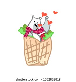 Vector illustration, funny kissing polar bear in the spring roll with tomato and green salad. Line cartoon style, with hearts. Applicable for arctic food concepts.