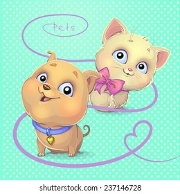 vector illustration with funny kitten and puppy