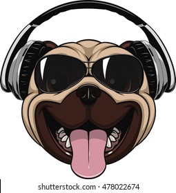 Vector illustration funny laughing pug wearing sunglasses and headphones.
