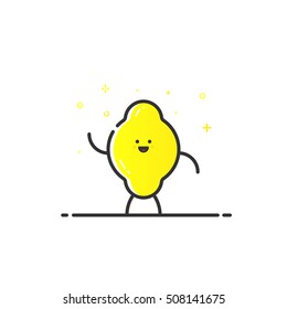 Vector illustration of funny lemon character cartoon isolated in line style. Linear yellow cute fruit icon with face smile. Flat design for banner, web page and mobile app. Outline vegan expression.