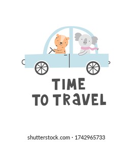 Vector illustration with funny leopard and koala in the blue car and phrase Time to travel.