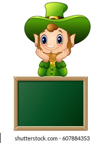 Vector illustration of Funny Leprechaun cartoon with chalkboard sign