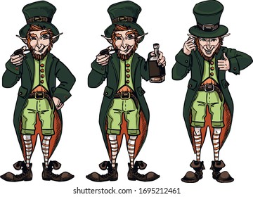 
Vector illustration. Funny Leprechaun three pose. Leprechaun with a bottle of whiskey and with a tube. St,  Patrick's Day. 
Ireland. 