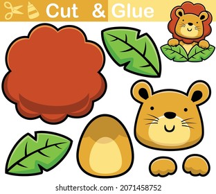 Vector illustration of funny lion cartoon hiding on leaves. Cutout and gluing