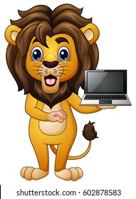 Vector illustration of Funny lion cartoon presenting a laptop