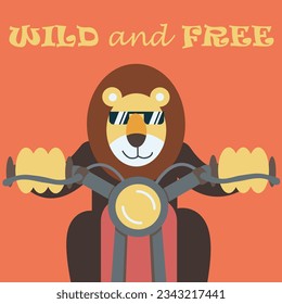 A vector illustration of a funny lion driving a motorcycle