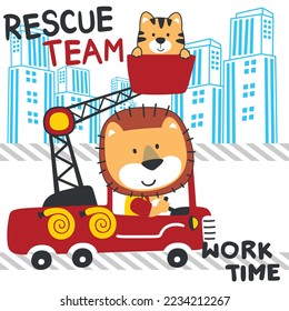 Vector illustration of funny lion firefighter on fire truck. Creative vector childish background for fabric, textile, nursery wallpaper, card, poster and other decoration