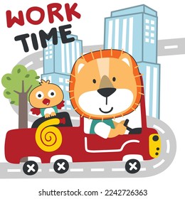 Vector illustration of funny lion firefighter on fire truck. Creative vector childish background for fabric, textile, nursery wallpaper, card, poster and other decoration