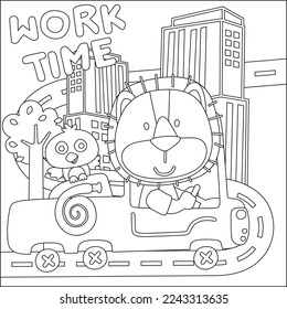 Vector illustration of funny lion firefighter on fire truck. Creative vector Childish design for kids activity colouring book or page.