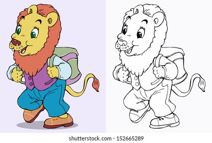 Vector illustration, funny lion going to school, cartoon concept.