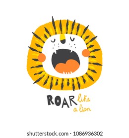 vector illustration of funny lion head and roar like a kion text