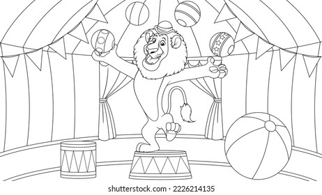Vector illustration, funny lion juggles with balls in the circus arena, coloring book.