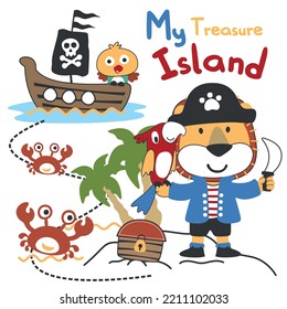 Vector illustration of funny lion pirate with treasure chest, suitable for stickers and t shirts kids baby, t shirt print design, fashion graphic and other decoration.