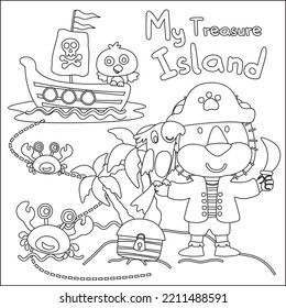 Vector illustration of funny lion pirate with treasure chest, Childish design for kids activity colouring book or page.