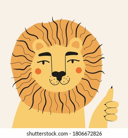 Vector illustration with funny lion showing thumbs up. Trendy flat style print design with wild animal, childish character for sticker or greeting card