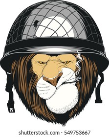 Vector illustration of funny lion in a soldier's helmet smokes a cigarette