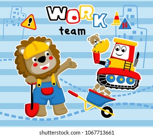 Vector illustration of funny lion in worker costume holding shovel with funny bear on construction vehicle. Construction element cartoon