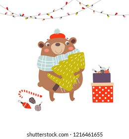 Vector illustration with funny little bear in hat and scarf who is holding a Christmas tree in his hands. Winter holidays hand drawn illustration. Holiday mood. Christmas and New Year illustration. 
