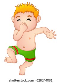 Vector illustration of Funny little boy in swimsuit holding his nose