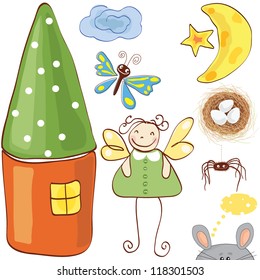 Vector illustration of funny little creatures for kids (fairy, toy house, bugs)