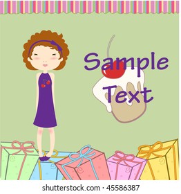 Vector Illustration of funny little girl with present boxes and sweet cake.