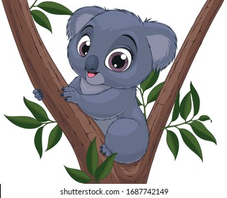 Vector illustration, funny little koala bear baby smiling on a white background