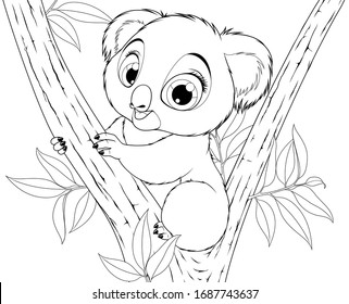Vector illustration, funny little koala bear baby smiling on a white background, coloring book