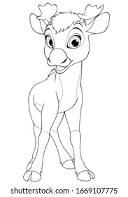 Vector illustration, Funny little moose child smiling on a white background, coloring book