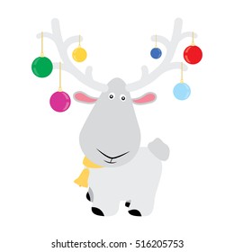 Vector illustration of funny little new year and Christmas deer with balls and bell