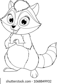 Vector illustration of a funny little raccoon smiling, 
book coloring, over white background