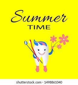 Vector illustration with funny little tooth with different subjects.Text about seasonal offers. Suitable for the design of dental clinics, for printing on postcards, stickers, posters, prints. EPS 10