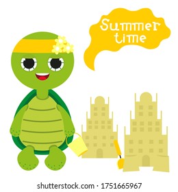 Vector illustration of a funny little turtle girl on the beach. Summer turtle by the sailor builds sand towers.