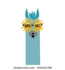 Vector illustration of a funny llama in glasses in the form of the sun and the inscription Summer vibes 