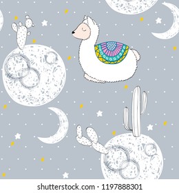 Vector illustration with funny llama and moon. Sweet dreams.