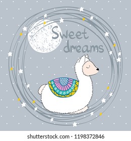 Vector illustration with funny llama and moon. Sweet dreams.